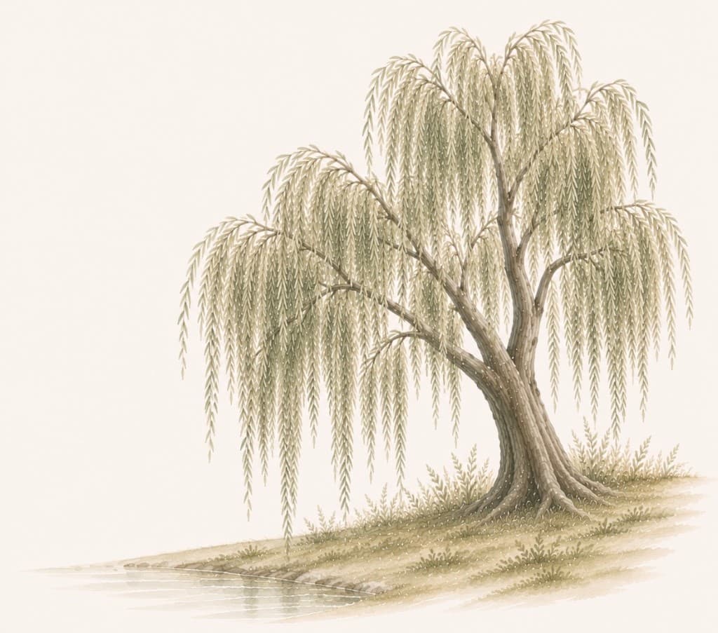 Illustration of a weeping willow by the water