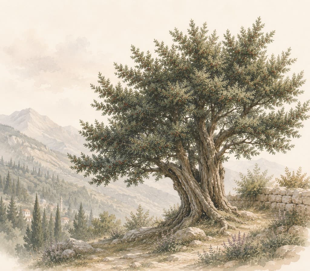 Illustration of a yew branch with evergreen needles and red arils