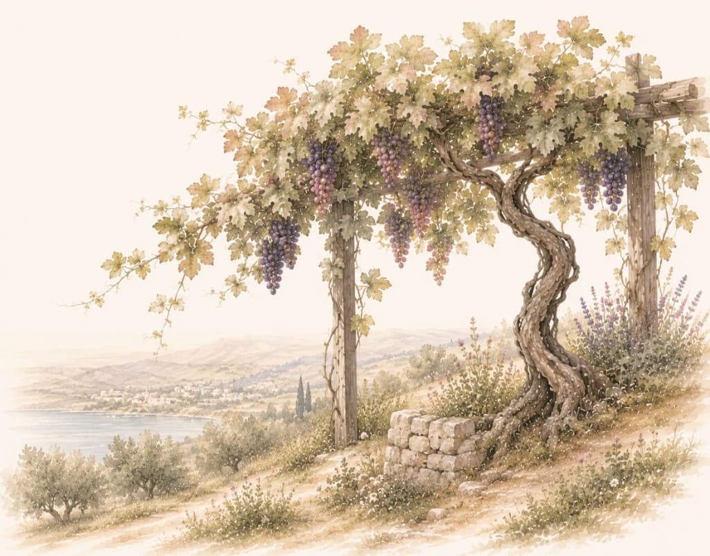 Illustration of a grapevine on a trellis overlooking water
