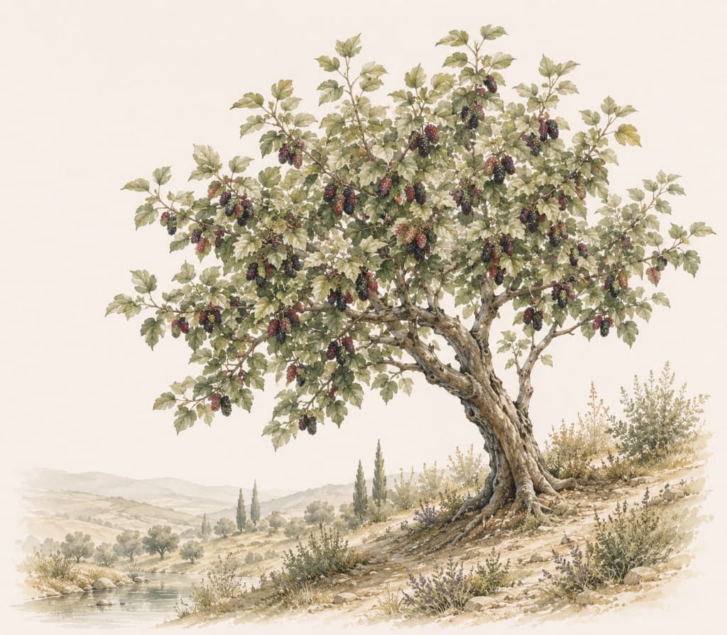 Illustration of a fruit-bearing tree in a landscape