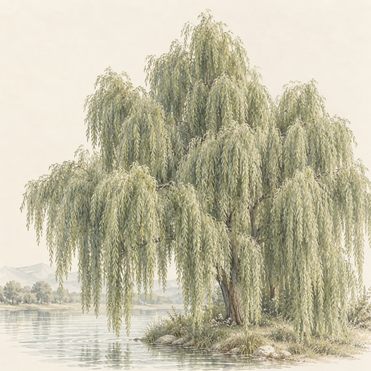 Illustration of a weeping willow by the water