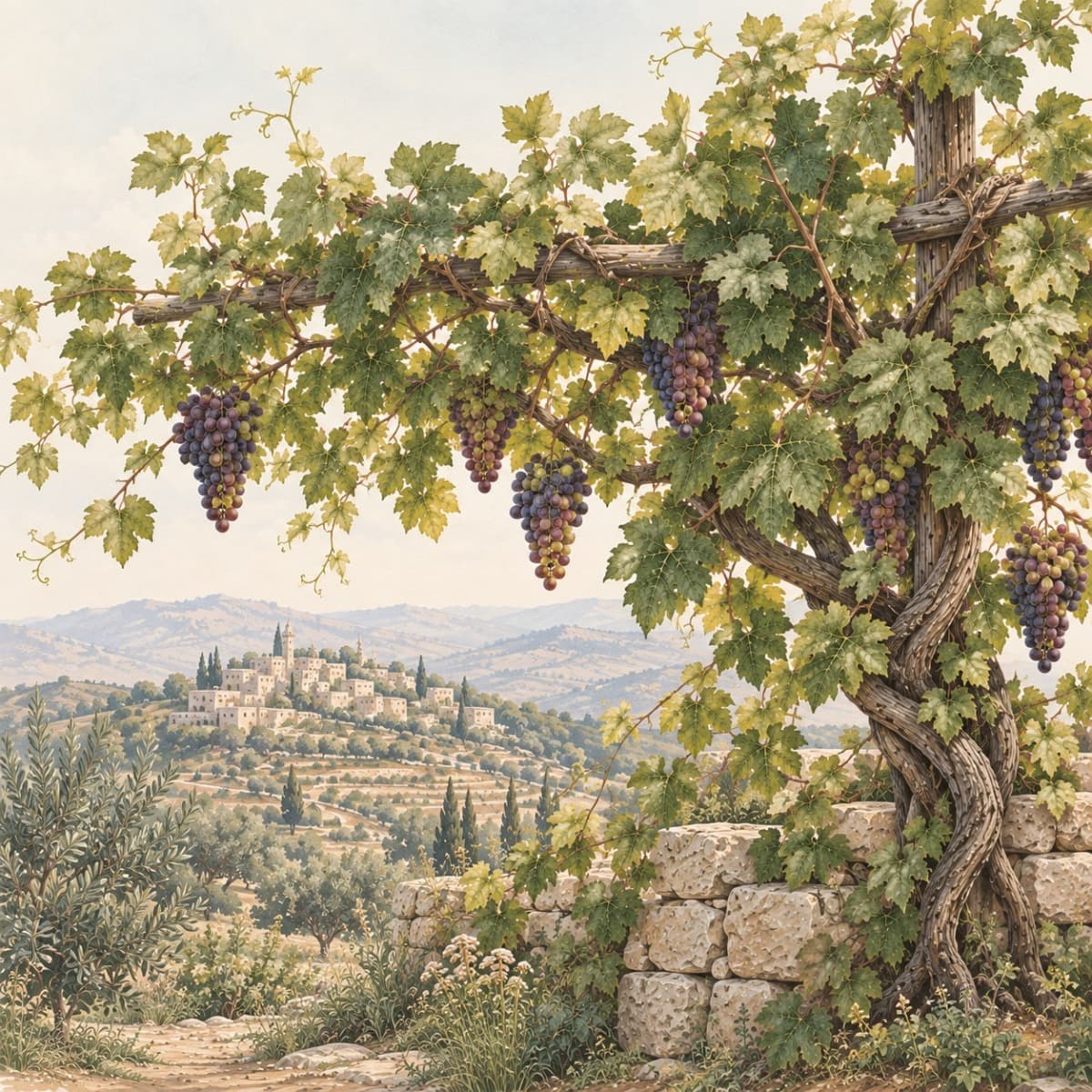 Illustration of a grapevine on a trellis overlooking water